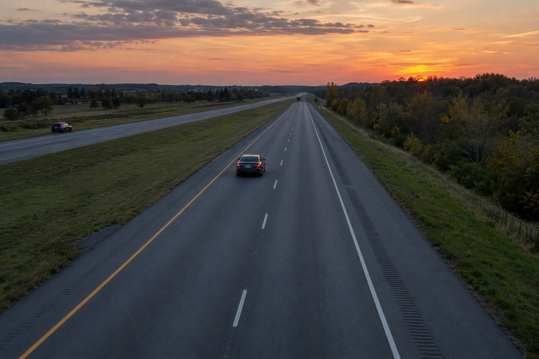 Lone car cruising in the left lane with an empty right lane at dusk - Can You Get Pulled Over for Staying in the Left Lane?